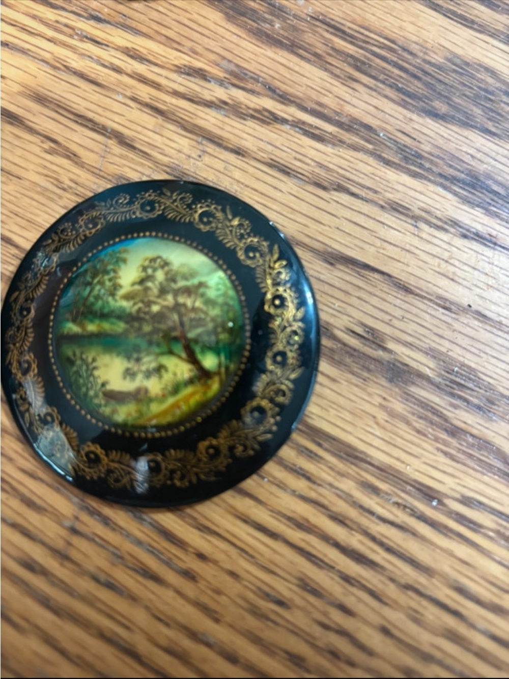 Vintage-Style Black and Green Scenic Brooch with Gold Accents